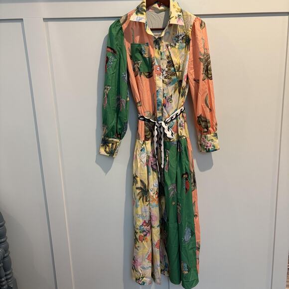 Tropical Print Maxi Dress Women Small Green Pink Long Sleeve Sash Toucan Mermaid - Picture 1 of 9